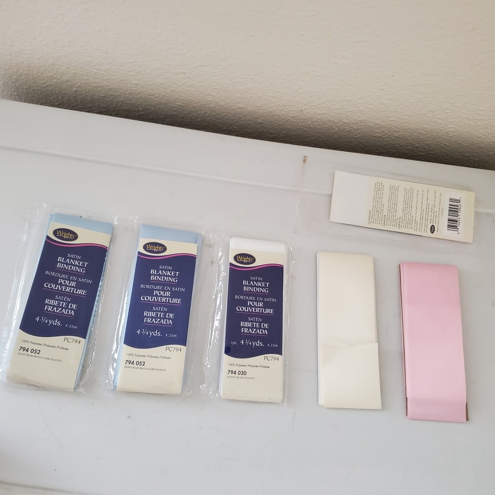 Wrights Satin Blanket Binding Lot 5pc Light Blue White Pink 4.75yd PC794 Sewing